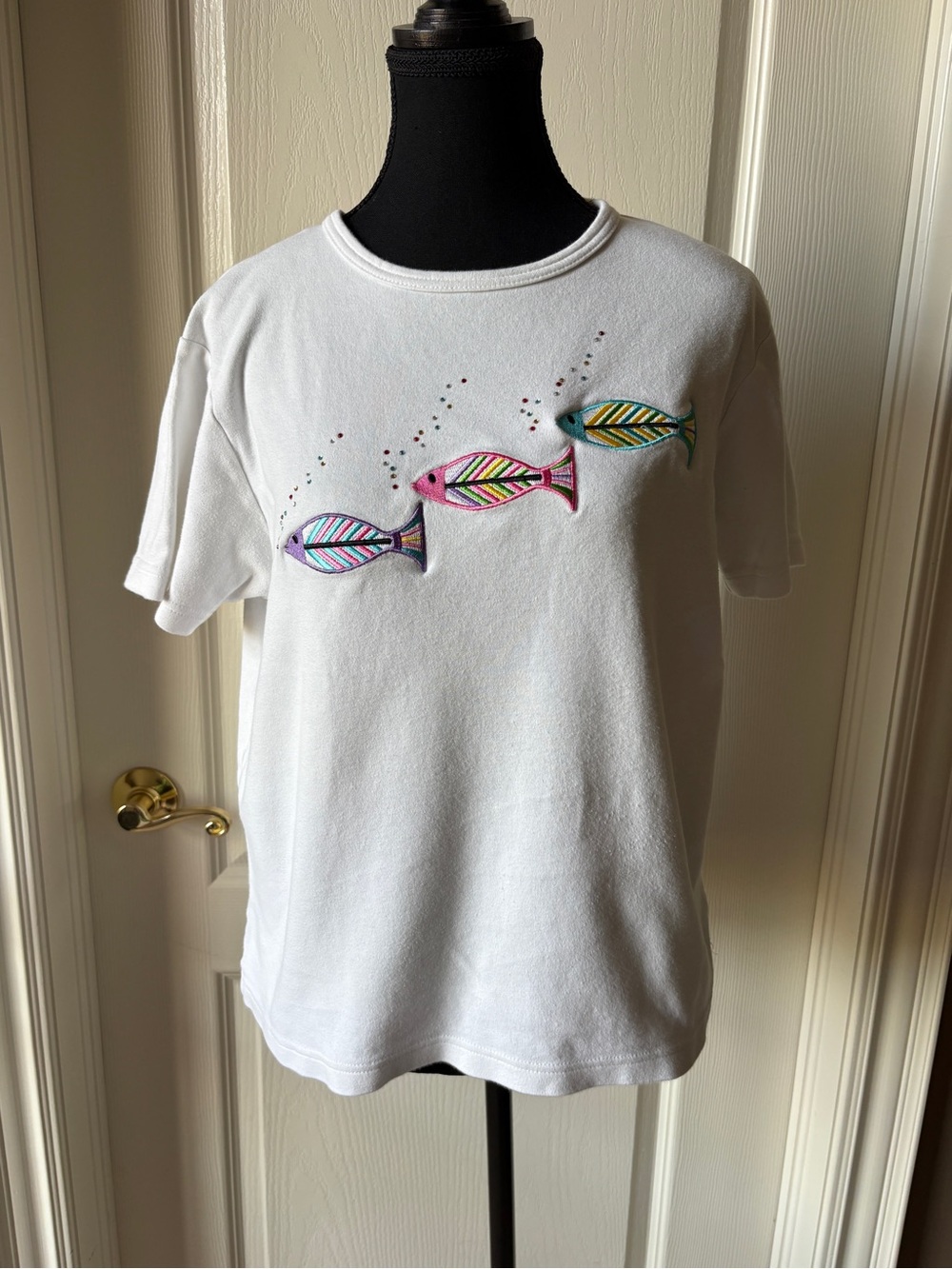 1990s White Fish-Print T-Shirt - Multicolor Fish Design